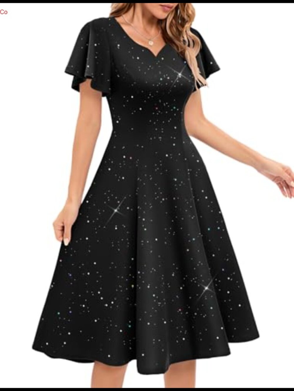 Sequin Midi Dress Fit Flare Sweetheart Neck Short Sleeve Cocktail Party